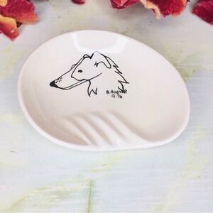 Vintage 70s Hand Painted White Ceramic Borzoi Dog Ashtray Trinket Dish